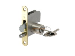 ZAMEK MEBLOWY BĘBENKOWY DO DRZWI ŻALUZJOWYCH HAKOWY DORN 22 MM BĘBENEK 18 MM, PRAWY, WKŁADKA 2 KLUCZE, BLASZKA ZACZEPOWA